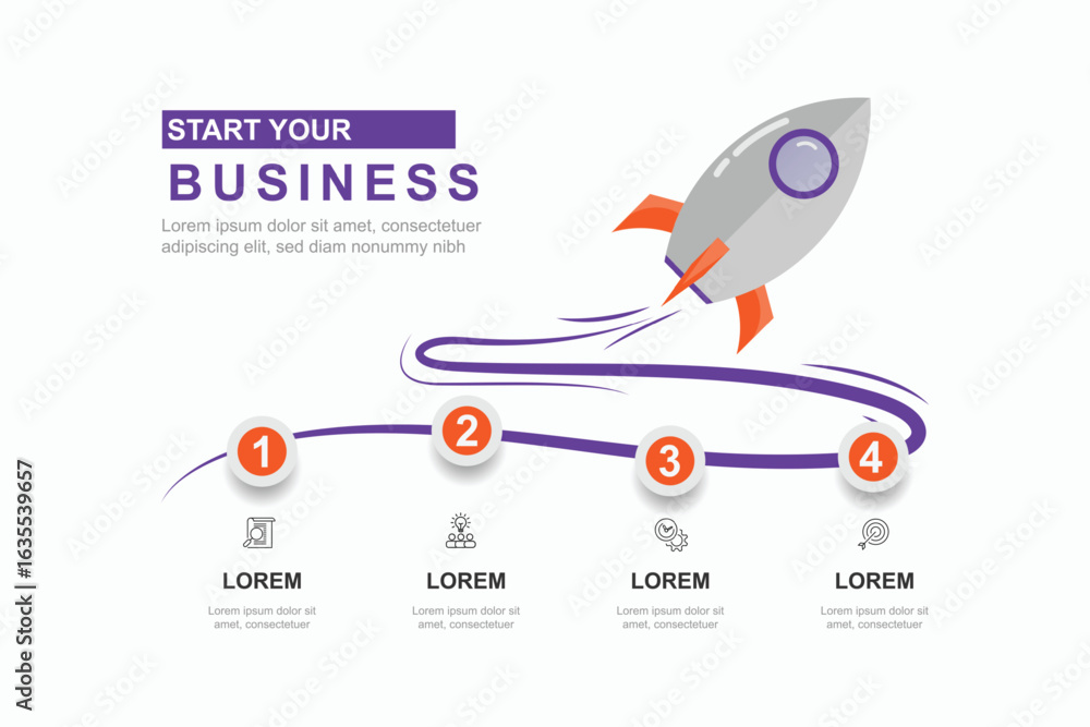 Poster business start concept with 4 step point element. vector template schedule work with rocket illustra