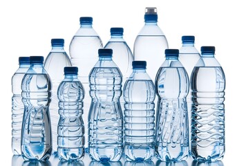 Collection of clear plastic water bottles with blue caps on a white background