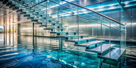 Glass staircase projecting rippling water reflections below for a luminous architectural effect
