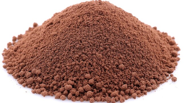 Fototapeta Granular loose soil arranged naturally on white background, captured with zoom lens 135mm, detailed focus on soil clumps and earthy brown hues