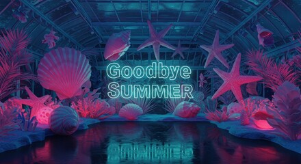 Neon sign says goodbye summer surrounded by beach decor and glowing lights