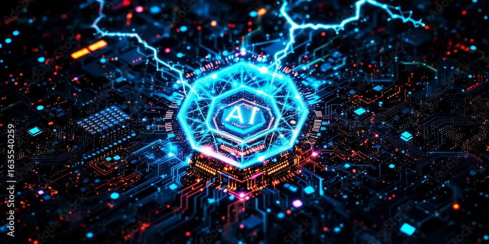 Poster glowing ai hexagon surrounded by illuminated circuit board with electrical sparks