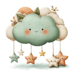 Smiling Pastel Cloud with Hanging Stars, Dreamy Whimsical Illustration