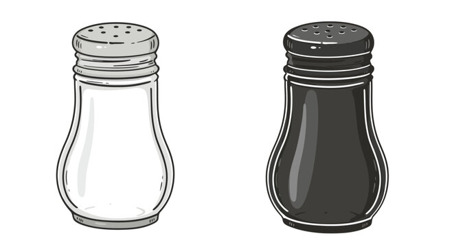 Two salt  pepper shakers one whitegrey the other blackgrey simple design isolated on a white background