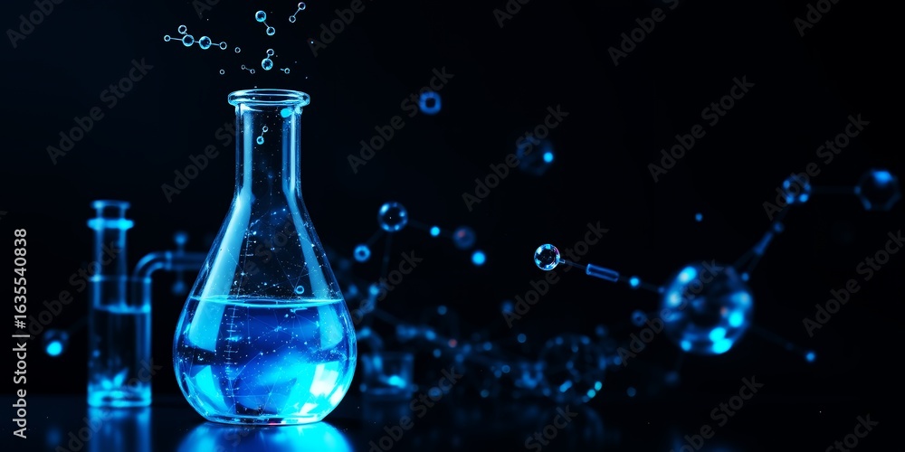 Poster blue liquid in a flask with molecular structures and bubbles on a dark background