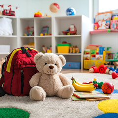 Colorful and Messy Children's Playroom with Toys and a Teddy Bear