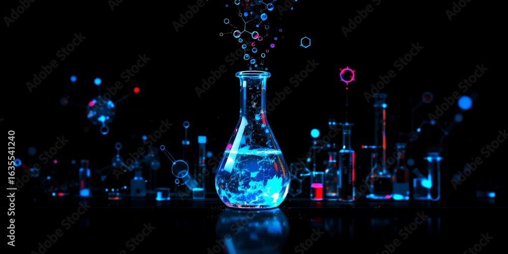 Poster glass laboratory flask with glowing blue liquid and abstract molecular structures against a dark bac