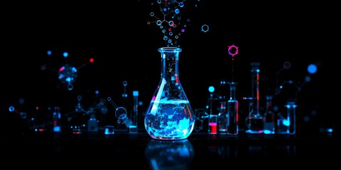 Glass laboratory flask with glowing blue liquid and abstract molecular structures against a dark background