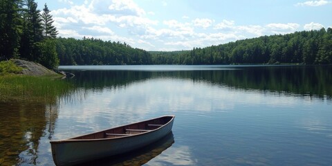 Fototapeta premium A scenic lake where a single rowboat floats peacefully toward the distant horizon