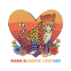 Rainbow Leopard Illustration With Heart And Flowers In Vintage Design