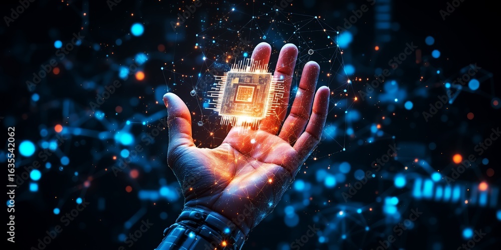 Poster human hand holding glowing central processing unit with digital network connections and abstract bok