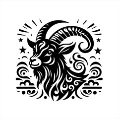 Stylized black and white capricorn zodiac symbol with ornate details