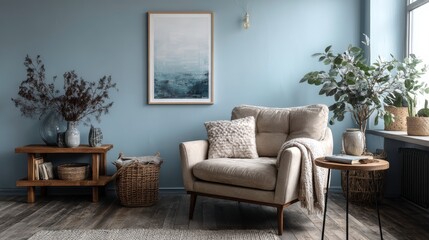 Beige armchair and mock up poster on blue wall. Interior design of modern living room.