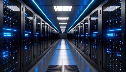 Dark colorful servers center room with computers and storage systems.