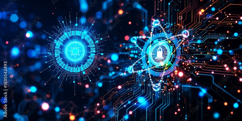 Poster abstract glowing blue digital network with circuit board patterns and a central security lock icon