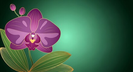 Stylized purple orchid blossom with golden accents on soft green gradient backdrop