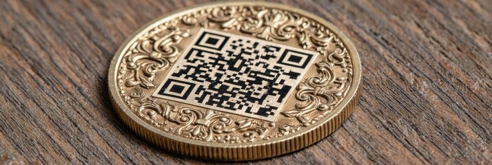 Gold Coin Featuring a QR Code Resting on a Wooden Surface With an Intricate Design