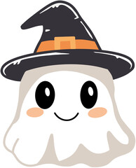 Cute and Friendly Cartoon Ghost Wearing a Starry Witch Hat with an Adorable Smile, Perfect for Halloween, Magic, and Family-Friendly Seasonal Celebrations