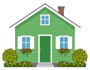 Cute green house with flowers
