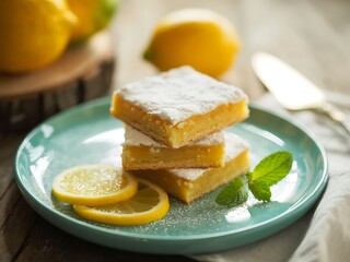 Stack of Lemon Bars with Powdered Sugar and Lemon Slices