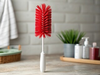 Red bottle brush with white handle on countertop cleaning
