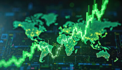 Obraz premium “Futuristic digital illustration of a glowing stock market chart with rising green candlesticks, tech-themed background, abstract global map overlay”