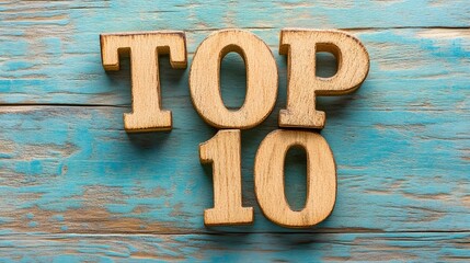 “TOP 10” is made of wood and placed on blue painted wooden boards. Ranking concept