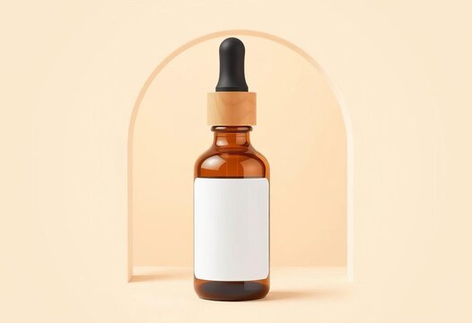 Amber glass dropper bottle, wooden cap, blank label, white arch frame, beige background,  essential oil,  blank label
