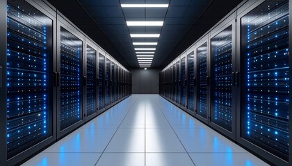 Dark colorful servers center room with computers and storage systems