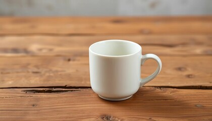 Clean white ceramic mug on rustic wooden table Ideal for branding and social media, clean design, product mockup