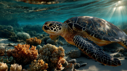 Fototapeta premium Sea Turtle Swimming Past Soft Coral in Sunlight