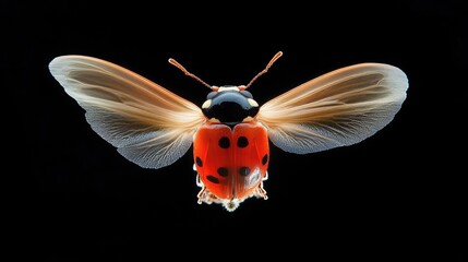 Ladybug in flight with black background.