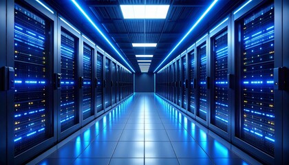 Dark colorful servers center room with computers and storage systems