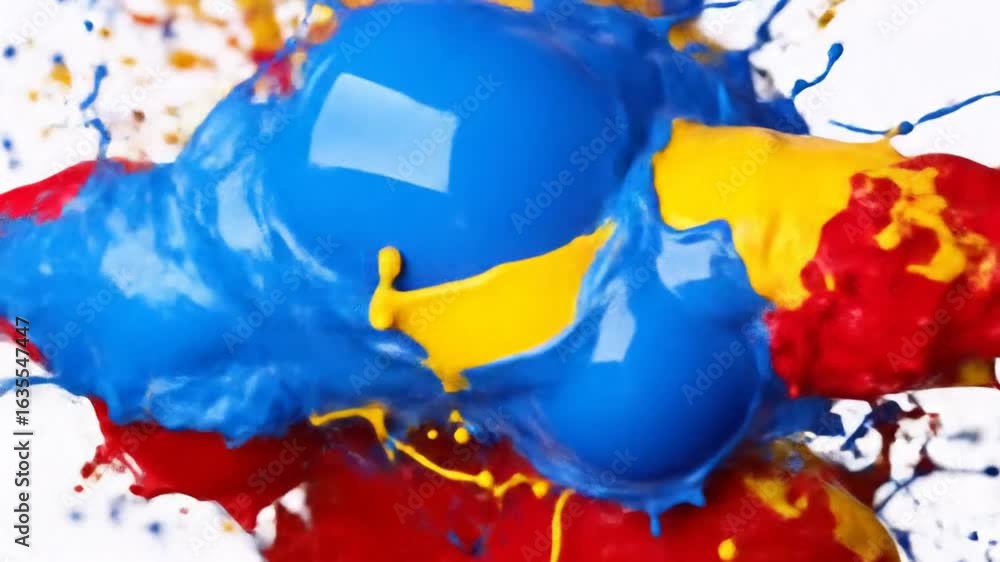 Poster dynamic splash of red yellow and blue paints on a white background in a graphic design composition w