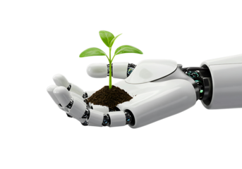Robotic hand holding a small plant with soil isolated on transparent background