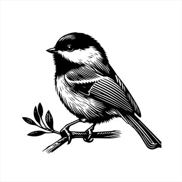 Black and white illustration of a chickadee perched on a branch