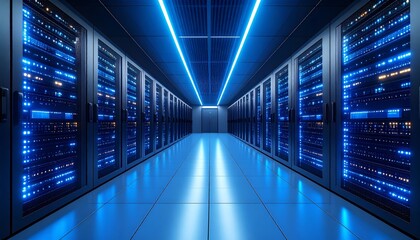 Dark colorful servers center room with computers and storage systems