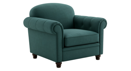 Isolated Teal Classic Armchair With Detailed Tufted Design On Transparent Background