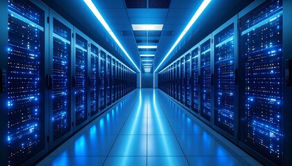 Dark colorful servers center room with computers and storage systems