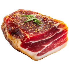 Obraz premium A close up of a piece of cured meat with rosemary on a black background isolated on transparent background