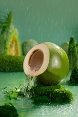 Refreshing Coconut Water Cascading in a Tropical Rain, Water drops falling on fresh green avocados...