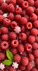 Photo Red Raspberries Berries Heap with Mint Leaves and Pink Elements