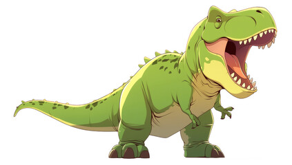 Fototapeta premium A green Tyrannosaurus rex dinosaur standing on all fours with its mouth wide open, depicted in a cartoon style illustration.