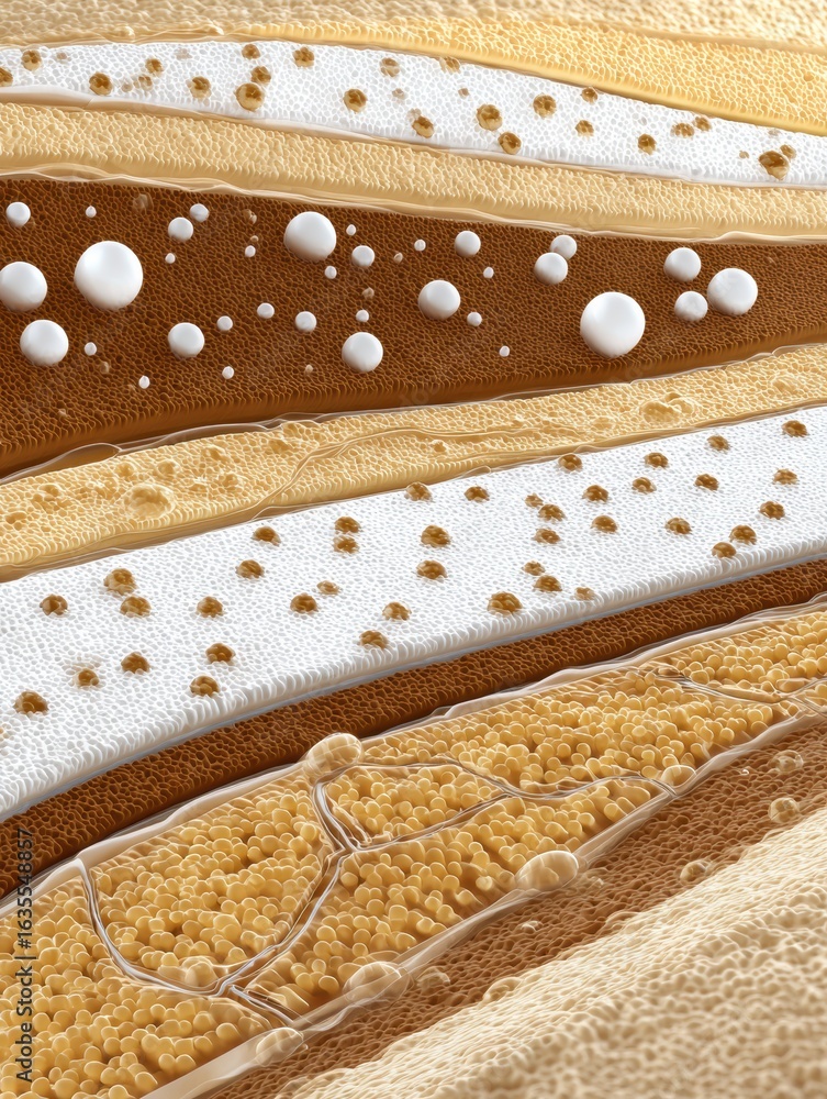 Poster serum diffusing through transparent skin patch in abstract layers revealing skin texture and structu