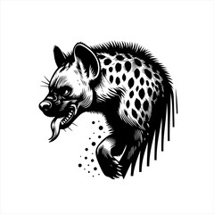 Aggressive hyena head with tongue out in black and white