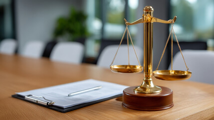Estate law planning. Scales balance law justice document pen office table legal symbol fairness equality professional