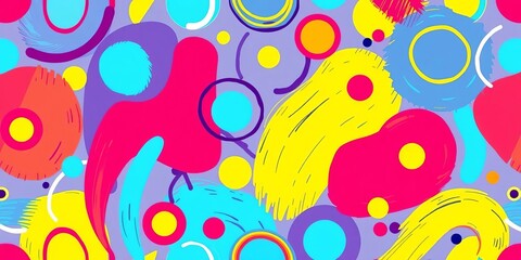 Fototapeta premium Playful colorful abstract seamless pattern with squiggles, circles, and brushstrokes A trendy funky kids style background, design, whimsical