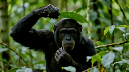 Obraz premium Intelligent Chimpanzee Raising Arm Under Green Leaf in Lush Forest Habitat