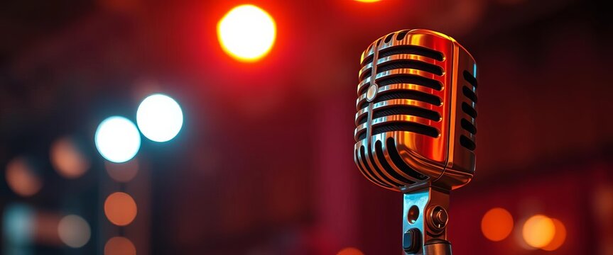 Vintage mic, vibrant stage bokeh Open mic night energy,  blur,  spotlight