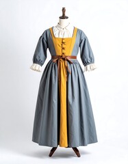 Gray and mustard yellow historical-style dress on a mannequin
